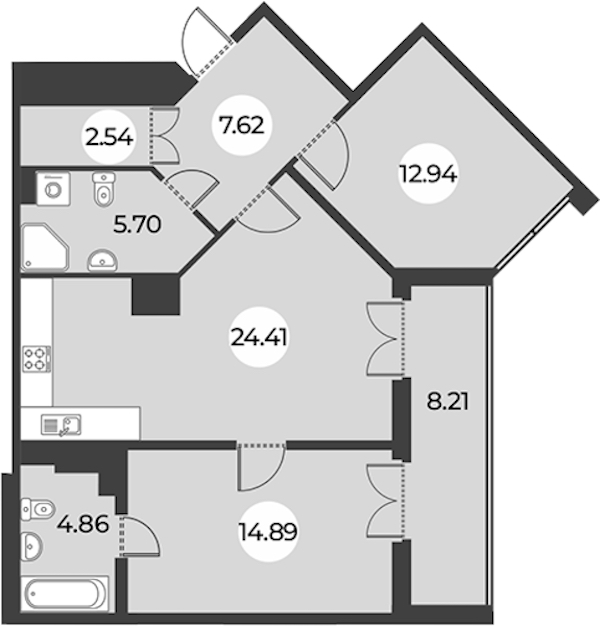 2-комнатная квартира 74.53 м², 17/24 эт., ЖК «Огни Залива»